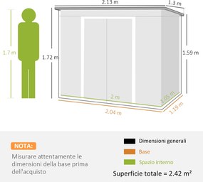 Capanno Attrezzi con Tetto Inclinato 213x130x172 cm 2 Ingressi e Prese d'Aria in Acciaio Grigio Scuro...