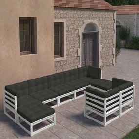 Set divani da giardino 9 pz con cuscini massello di pino bianco