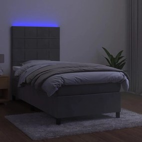 Letto a molle materasso e led grigio chiaro 80x200 cm velluto