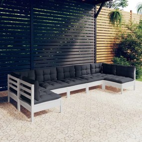 Set divani da giardino 7 pz con cuscini bianchi legno di pino