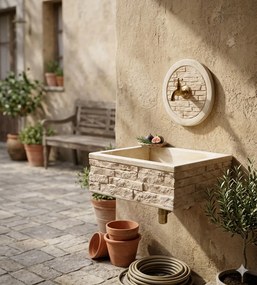 Lavello Rettangolare da Esterno 45x35 cm con Rosone Installazione a Muro in Cemento Mattone Faccia a Vista Meseta Nocciola...