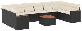 Set divani da giardino 11 pz con cuscini in polyrattan nero