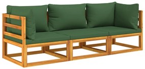 Set salotto da giardino 3pz con cuscini verdi in legno massello