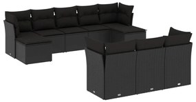 Set divani da giardino 10pz con cuscini in polyrattan nero