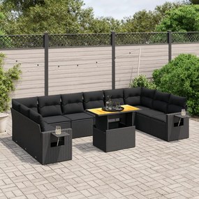 Set divani da giardino 11 pz con cuscini in polyrattan nero