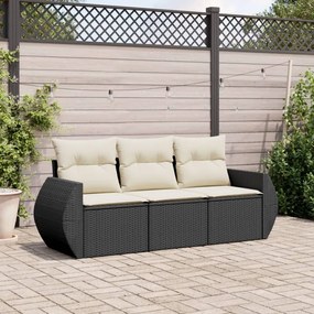 Set Divani da Giardino 3 pz con Cuscini in Polyrattan Nero