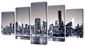 5 Pz Stampa Su Tela Da Muro Panorama New York Monocromatico 100 X 50cm /
