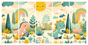 Quadri 5 pezzi – Dinosauri allegri in paesaggio arcobaleno