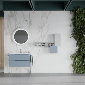 Mobile Bagno Sospeso 80 Cm Due Cassetti Specchio Con Illuminazione Led Diametro 75 Cm Savini Due "Oikos" Blu Pastello Opaco