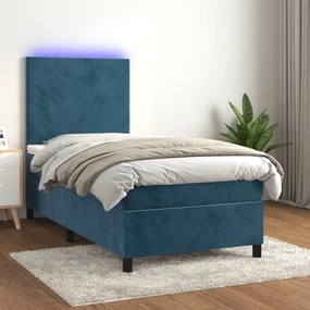 Letto A Molle Con Materasso E Led Blu Scuro 90x190cm İn Velluto /