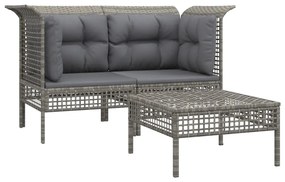 Set divani da giardino 3 pz con cuscini in polyrattan grigio