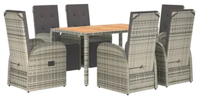 Set da pranzo da giardino 7 pz con cuscini in polyrattan grigio