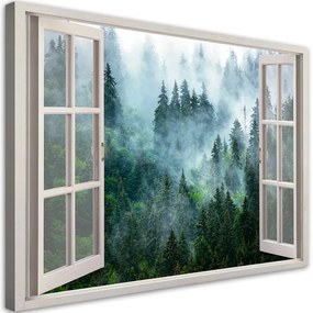 Quadro su tela, Finestra della foresta verde nella natura nebbia