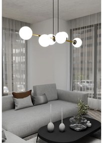 Sospensione Contemporanea Rhiannon 6 Luci In Acciaio Oro E Sfere In Vetro Bianco