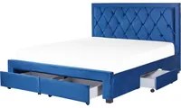 Letto contenitore tappezzeria in velluto blu 180 x 200 cm trapuntato testiera alta cassetti Glam Design