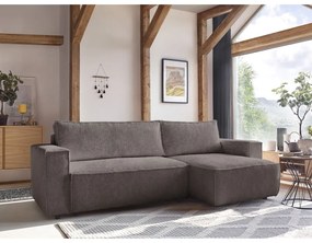 Divano angolare grigio tortora allungabile/con contenitore con rivestimento in velluto a coste Nihad – Bobochic Paris