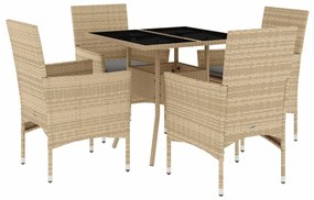 Set da pranzo da giardino 5 pz con cuscini polyrattan e vetro