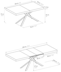 Tavolo CAMAIORE in legno, finitura rovere rustico e base a X in metallo antracite, allungabile 160&#215;90 cm &#8211; 240&#215;90 cm