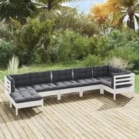 Set Divani da Giardino 7 pz con Cuscini Bianchi Legno di Pino 3096551