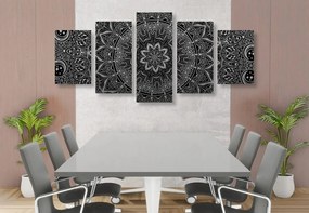 Quadri 5 pezzi – Mandala orientale in bianco e nero
