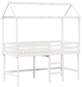 Letto soppalco con scala e tetto bianco 80x200 cm massello pino