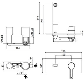 Paffoni Ringo Rin104 Miscelatore lavabo a muro Incasso 2 Fori Con Piastra Rettangolare E Bocca 15 cm Cromo