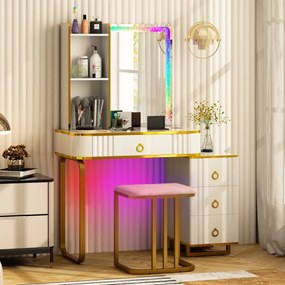 Costway Toeletta da trucco RGB con specchio 7 luci LED dinamiche porte USB type-c e 4 cassetti, Tavolo da trucco Bianco