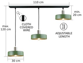 Lampadario a sospensione con filo HAKI 3xE27/60W/230V verde/nero/cromo lucido