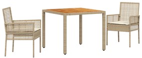 Set da pranzo da giardino  3 pezzi con cuscini beige polyrattan