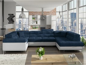 Divano letto matrimoniale angolare Berlino - Ecopelle bianco+tessuto blu scuro