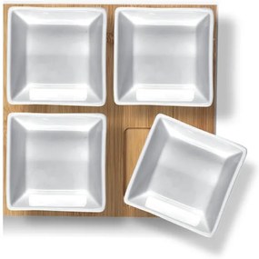Lamart - Set 4 ciotole in porcellana 19x19 cm + vassoio in legno