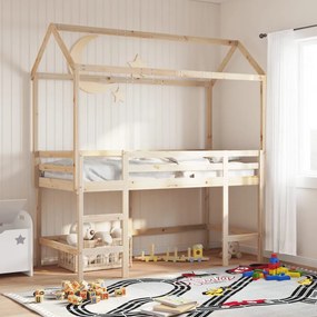 Letto Soppalco Con Scala E Tetto 90x200 Cm Legno Massello Pino /