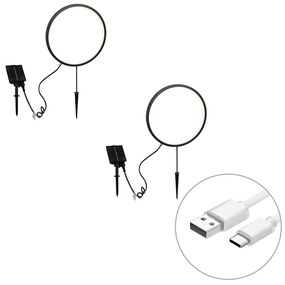 Set di 2 faretti da terra neri 60cm con LED ricaricabili e pannello solare IP65 - Adalind