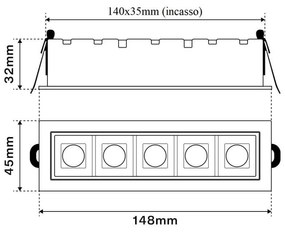 Faro LED Incasso 12W Nero Rettangolare Foro 140x35mm CRI92 Colore Bianco Caldo 3.000K