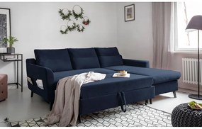 Divano letto angolare in velluto blu scuro, angolo destro Stylish Stan - Miuform