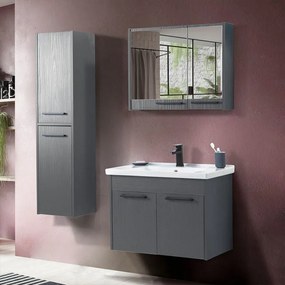 Mobile bagno sospeso 80 cm grigio effetto legno con armadietto a specchio Sofia