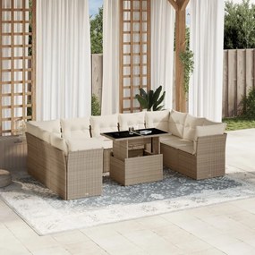 Set divano da giardino 10 pz con cuscini beige in polyrattan