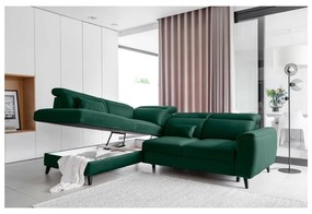 Divano angolare verde allungabile/con contenitore (con penisola a sinistra/a L) e rivestimento in velluto Noble – ELTAP