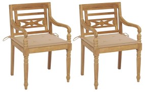 Sedie batavia 2 pz con cuscini beige in massello di teak