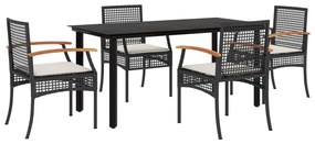 Set da pranzo da giardino 5 pz nero con cuscini in polyrattan