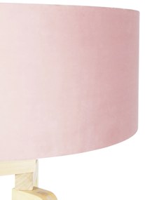 Lampada da terra treppiede legno paralume velluto rosa 50 cm - PUROS