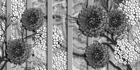Quadro su tela – Fiori astratti su sfondo di marmo in bianco e nero