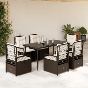 Set da pranzo da giardino 7pz con cuscini in polyrattan marrone