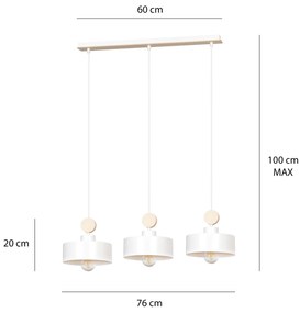 Lampadario 3 Luci Tuniso In Acciaio Bianco E Paralumi Con Legno Naturale