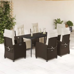 Set da pranzo da giardino 7pz con cuscini in polyrattan marrone