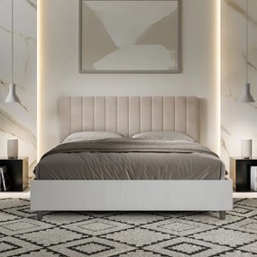 Letto contenitore da 160x190 in legno bianco e testata in microfibra sabbia Kaia