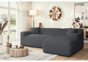 Divano angolare grigio scuro (con penisola a destra e chaise lounge) rivestito in velluto a coste Martin – Ropez