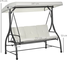 Dondolo Letto da Giardino 3 Posti con Tettuccio Regolabile 195x117x175 cm in Acciaio e Poliestere Crema e Nero...