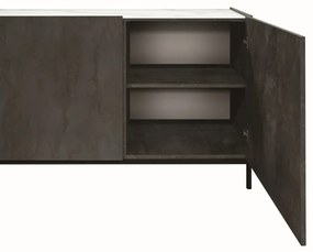 Credenza PIETRASANTA in legno, finitura in acciaio ossidato, piano effetto marmo statuario, 200&#215;50 cm