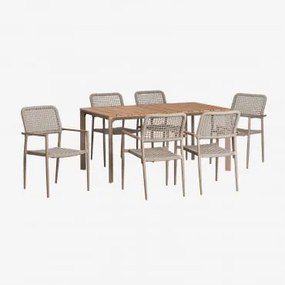 Set Tavolo Rettangolare Katiana In Alluminio E Legno Di Teak (160x90 Cm) E 6 Sedie Da Giardino In Alluminio E Corda Intrecciata Marrone Moka - Sklum